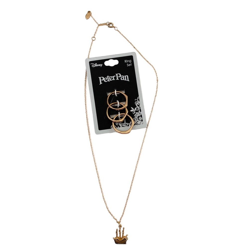 Disney Peter Pan Vintage Retro Stacked Rings with Jolly Roger Charm Necklace